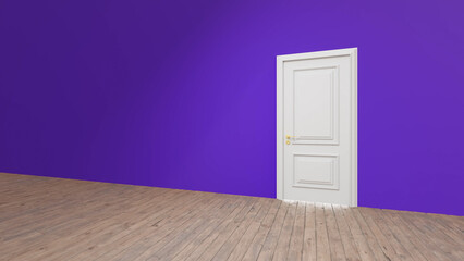 Minimalist interior design featuring a closed white door set against a vibrant purple wall in an empty room with a light brown wooden floor, creating a striking contrast and sense of mystery