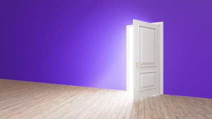 Bright light shining through an open white door illuminating a purple room with a wooden floor, creating a mysterious and surreal atmosphere