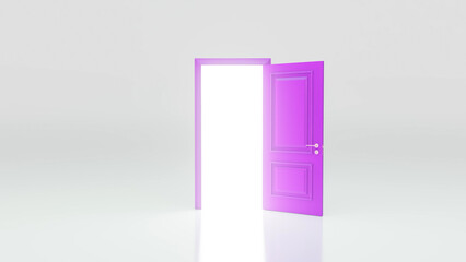 Light coming in through purple open door in empty room with white walls and floor representing new opportunities, hope, and spiritual awakening