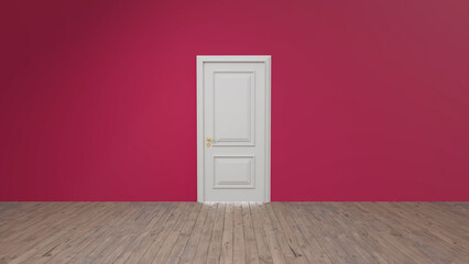 Minimalist interior design featuring a closed white door set against a vibrant pink wall in an empty room with a light brown wooden floor, creating a striking contrast and sense of mystery