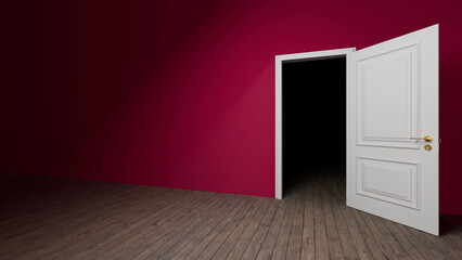 Slightly opened white door showing a dark interior in an empty magenta room with wooden floor, creating a mysterious and suspenseful atmosphere