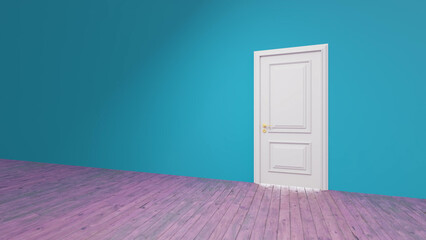 Minimalist interior design featuring a closed white door set against a vibrant turquoise wall and a contrasting purple wooden floor, creating a striking visual contrast