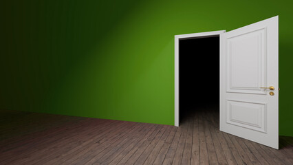 Slightly open white door revealing a dark room, contrasting with the vibrant green walls and wooden floor, evoking a sense of mystery and suspense in an intriguing interior space