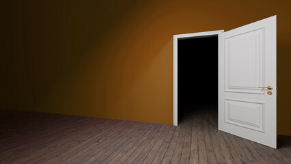 Slightly open white door revealing a dark room with a wooden floor and vibrant orange walls, evoking a sense of mystery and suspense, inviting curiosity and exploration