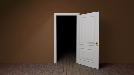 White door is ajar, revealing a dark, mysterious interior in a brown room with wooden flooring, creating an atmosphere of suspense and anticipation