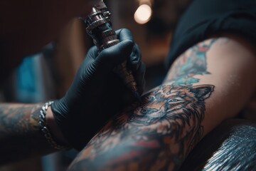 A tattoo artist wearing black gloves inks a detailed wolf design on a person's forearm in a dimly lit studio.