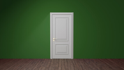 Classic white door standing on a vibrant green wall in an empty room with a wooden floor, creating a simple yet intriguing architectural composition