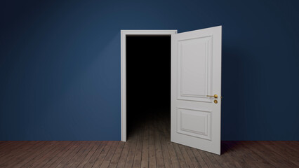 Slightly opened white door revealing a dark room behind a blue wall, inviting curiosity while creating a suspenseful atmosphere with contrasting light and shadows on the wooden floor