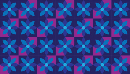 Seamless geometric floral pattern in shades of blue and purple, featuring six-petal stylized flowers arranged in a checkerboard tile layout