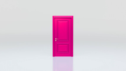 Closed, bright pink door standing in an empty room with white walls and floor represents new opportunities, choices, and the potential for change or transformation