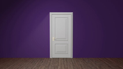 Minimalist interior design featuring a closed white door on a purple wall in an empty room with wooden floor, creating a mysterious and intriguing atmosphere