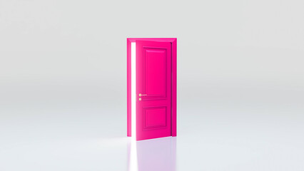 Bright light streaming through an open pink door in a minimal white room, symbolizing opportunity, mystery, and the promise of new beginnings in a serene, inviting space