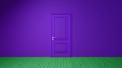 Modern interior design featuring vibrant purple walls, a closed purple door with silver handle, and a contrasting green wooden floor, creating a unique and visually striking space