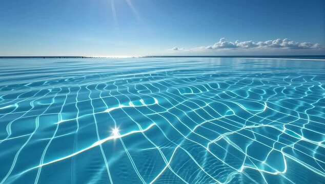Top down view of pool water with shimmering data lines creating ripple effect, clear blue sky reflection captured in high resolution professional composition perfect for technology concepts