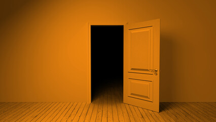 Orange door is ajar, revealing a dark, shadowy interior in a monochrome orange room with a wooden floor, creating a sense of mystery and suspense