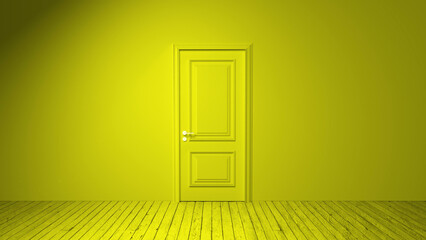 Monochrome yellow room featuring a wooden floor and a closed door, inviting thoughts of new opportunities, fresh beginnings, and the mystery waiting behind the entrance