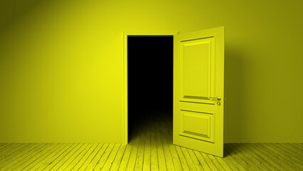 Open yellow door leading into a dark, unknown room with a wooden floor, evoking a sense of mystery and intrigue, inviting exploration and discovery in an atmosphere filled with suspense