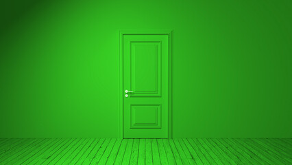 Green closed door with metal handle in a green room with wooden floor represents new opportunities, choices, and the potential for change and growth