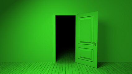 Green door opening into a dark, mysterious room featuring a wooden floor and monochromatic green walls, evoking an eerie, surreal atmosphere filled with intrigue and suspense