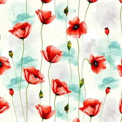 Muster aus roten Mohnblumen auf hellem Aquarellhintergrund, ideal für Stoffe und Dekoration. © Kathy