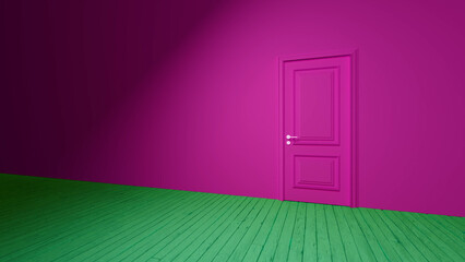 Empty room with vibrant magenta walls and a closed pink door featuring a green wooden floor, creating a striking contrast and suggesting mystery and possibility