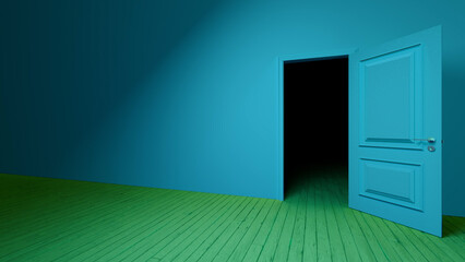Open turquoise door reveals a dark interior in an empty room with a green wooden floor and blue wall, creating a mysterious and intriguing atmosphere