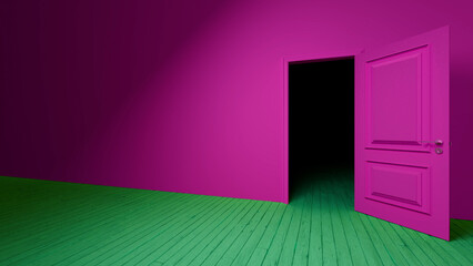 Open pink door revealing a dark, mysterious room with a striking green wooden floor, showcasing a surreal interior design that sparks curiosity and invites exploration