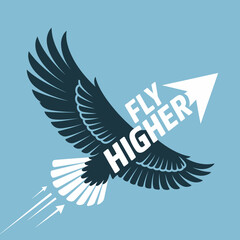 A stylized eagle with dark wings and white tail feathers soars upwards with a white arrow and the words fly higher against a light blue background symbolizing ambition and success