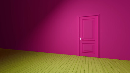 Light streaming onto a magenta wall in an empty room, featuring a closed pink door and vibrant chartreuse floorboards, creates a colorful and mysterious atmosphere