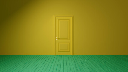 Empty room with yellow walls and a green wooden floor, featuring a closed yellow door, creating a simple yet intriguing architectural space