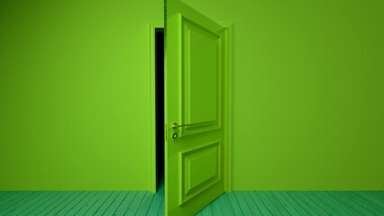 Slightly open green door revealing a dark room with a wooden floor, creating a sense of mystery and anticipation in a monochromatic green environment
