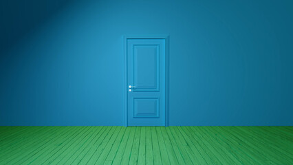 Closed blue door in empty room with green wooden floor and blue wall representing new opportunities, choices, and the beginning of a journey
