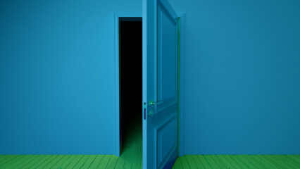 Open door reveals a dark, mysterious interior in an otherwise empty blue room with green wooden floors, creating an atmosphere of suspense and anticipation