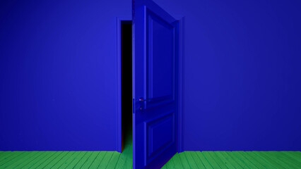 Open blue door revealing a dark room, featuring a green wooden floor and blue wall, creating a striking contrast and an air of mystery that invites exploration and curiosity