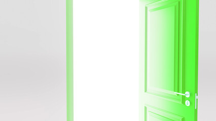 Slightly open vibrant green door with a bright white light shining through the opening, creating a symbolic representation of opportunity, hope, and new beginnings