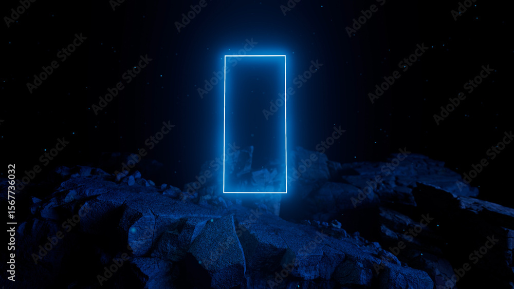 Poster glowing neon rectangle is floating above a rocky surface in a dark, atmospheric space, creating a my