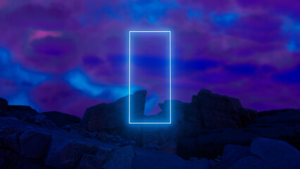 Glowing neon rectangle hovering over rocky terrain against a backdrop of vibrant purple and blue sky, creating a surreal and otherworldly scene