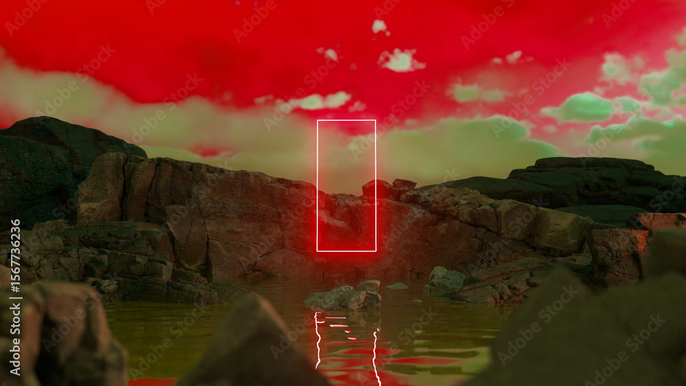 Poster surreal landscape featuring a glowing red rectangular portal hovering over a water surface, surround