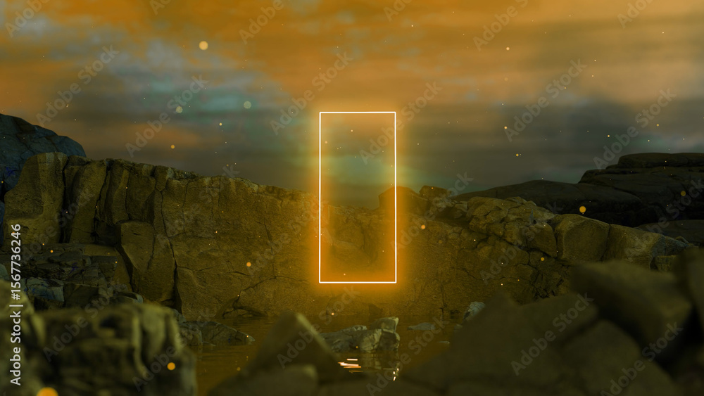 Poster surreal landscape featuring a glowing rectangular portal hovering over water between rocky cliffs un