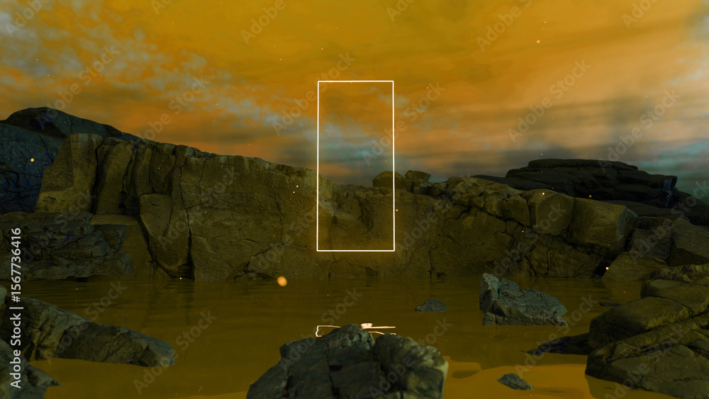 Poster glowing rectangle floating above a surreal rocky coast at sunset, creating a mysterious and otherwor