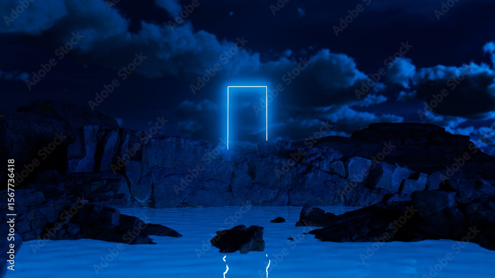 Poster glowing neon rectangular portal stands on rocks by the ocean at night, illuminated by moonlight, cre