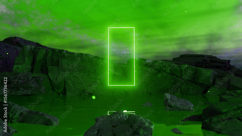 Poster glowing neon green rectangular portal floating above water between cliffs in a surreal landscape wit