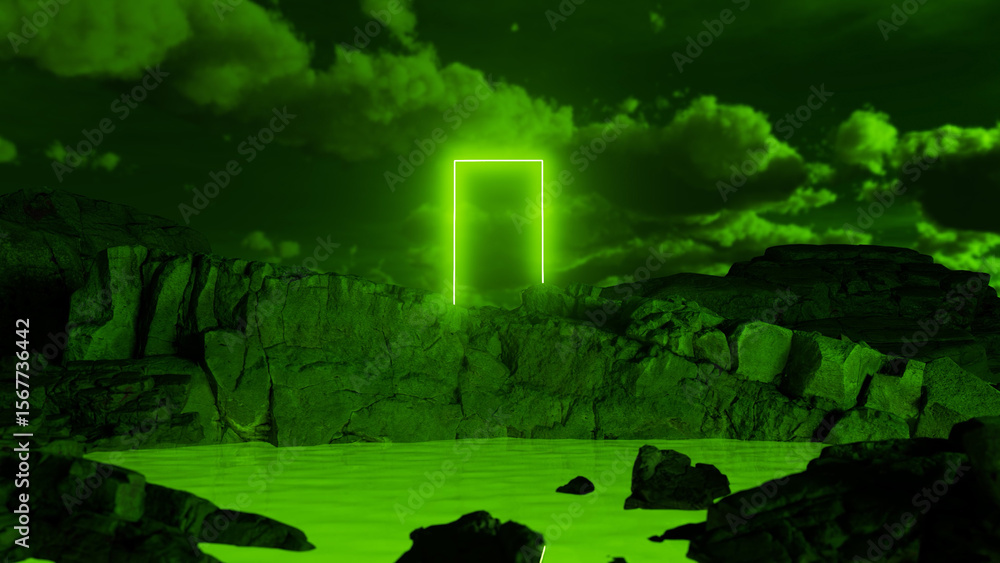 Poster surreal landscape featuring a glowing rectangular portal hovering above a rocky terrain with green w