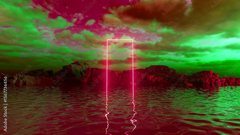Poster glowing rectangular portal emerging from the water, surrounded by an ethereal landscape featuring vi