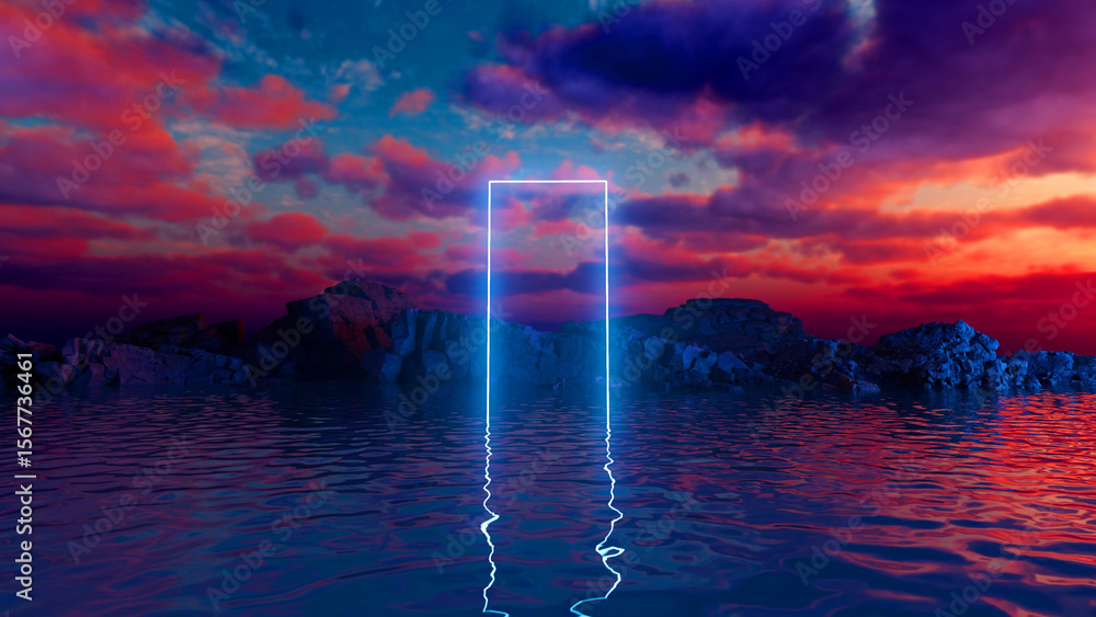 Poster glowing neon rectangular portal rises from the water, set against a backdrop of a vibrant sunset sky