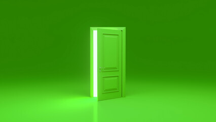 Slightly open green door letting glowing light into green room symbolizing new opportunities, hope, and choices in life, rendered in vivid green color