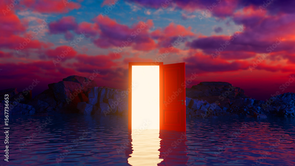 Poster surreal image of an open red door floating on water, emanating a bright light against a vibrant suns