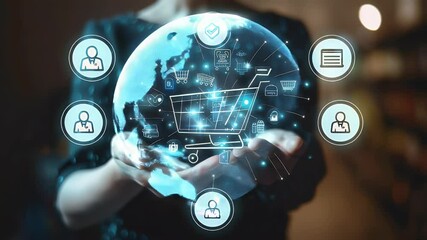 Woman holding illuminated digital globe projection with connected icons in front of her chest a concept of global network connection and data analytics with blurred background - Powered by Adobe