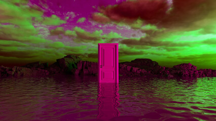 Mysterious pink door emerging from vibrant purple water, framed by rocky formations and a surreal sky swirling with green and purple hues, evokes a dreamlike atmosphere