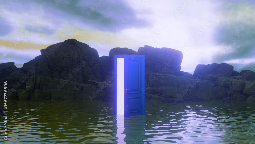Poster surreal landscape featuring a brightly lit open door floating on water, surrounded by rocks and a cl